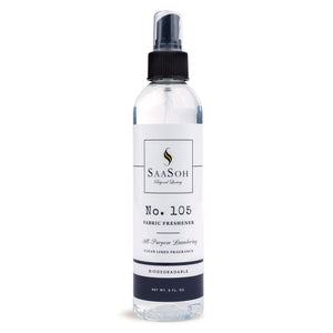 SaaSoh Fabric Freshener No.105 in 8 fl oz spray bottle, freshens and deodorizes fabrics with a clear, colorful label.
