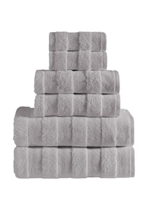 Set of six SaaSoh Apogee Collection luxury bath towels in elegant ice grey color, showcasing soft, plush fabric.
