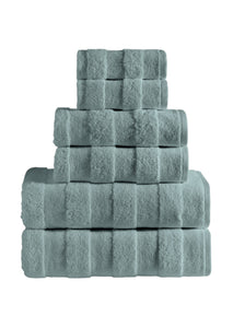 Six-piece mineral blue bath towel set from SaaSoh's Apogee Collection, featuring plush, high-quality luxury towels for spa-like comfort.