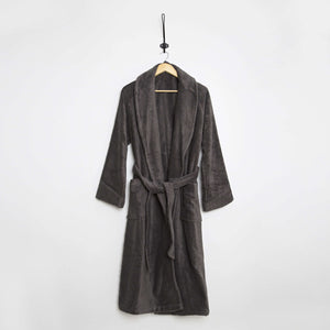 Night Grey Aspen Collection bathrobe by SaaSoh, soft and cozy with a relaxed fit, displayed hanging on a wooden hook.