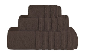 Chocolate-colored SaaSoh Opulent Collection bath towels set with three plush towels displayed on a bathroom surface.