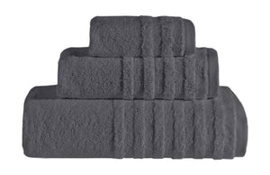 Set of three SaaSoh Opulent Collection coal-colored bath towels displayed for home use.