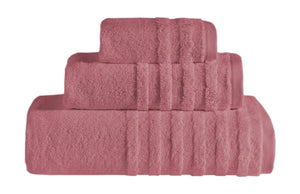 Set of three coral bath towels from SaaSoh's Opulent Collection, showcasing plush, luxurious fabric and elegant design.