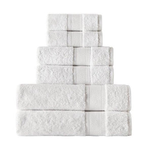 Set of six white bath towels from SaaSoh Silver Collection, soft and plush for luxurious bathroom comfort.