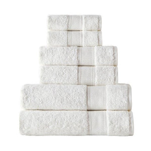 Set of six ivory silver collection bath towels from SaaSoh, showing soft, plush fabric and elegant design.