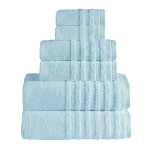 Set of six SaaSoh Opulent Collection bath towels in ice blue, soft, plush, and luxurious for a comfortable bathroom experience.