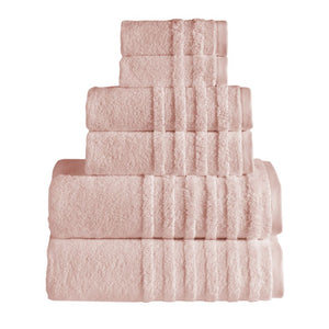 Set of six SaaSoh Opulent Collection bath towels in coral shell color, plush and soft with textured pattern.