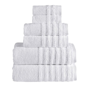 Set of six white SaaSoh Opulent Collection bath towels folded neatly, showcasing plush, soft fabric and elegant design.